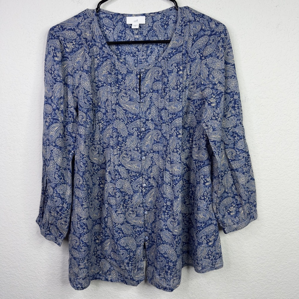 J. Jill Shirt Womens XS Blue Paisley Cotton Pintuck Oversized Cottage Coastal